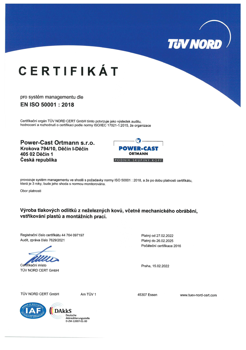 Certifikát pro systém energetického managementu dle EN ISO 50001 : 2011